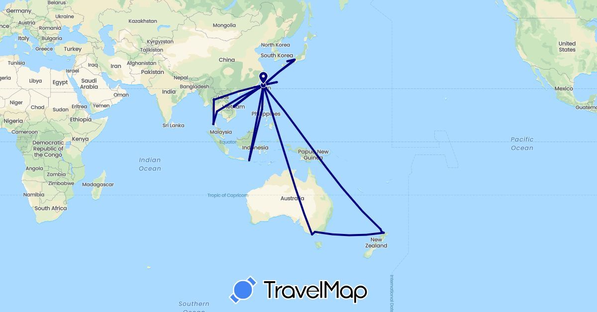 TravelMap itinerary: driving in Australia, Indonesia, Japan, New Zealand, Philippines, Thailand, Taiwan, Vietnam (Asia, Oceania)